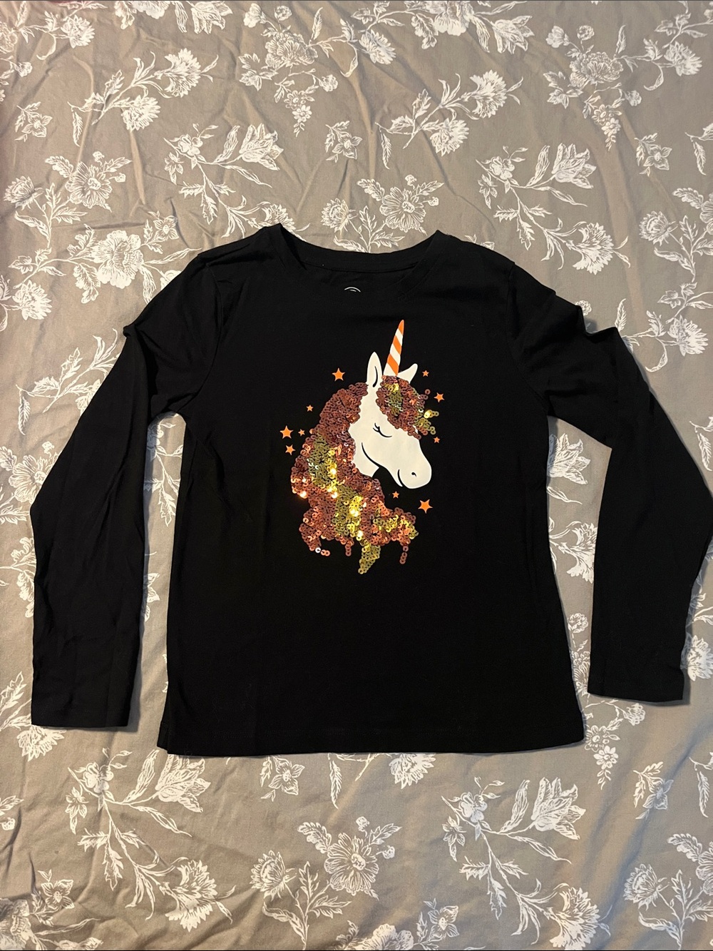 Black Long-Sleeve Top with Gold & Orange Sequin Unicorn for Halloween